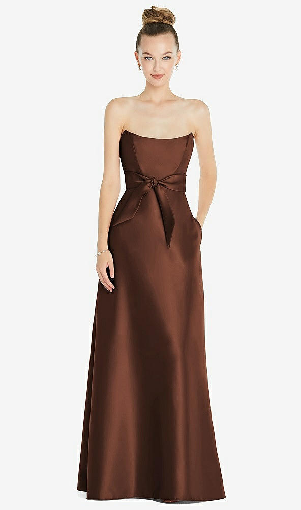 Front View - Cognac Basque-Neck Strapless Satin Gown with Mini Sash