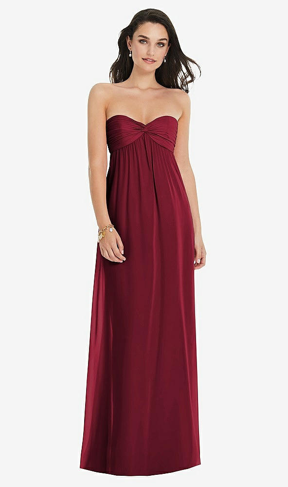 Front View - Burgundy Twist Shirred Strapless Empire Waist Gown with Optional Straps