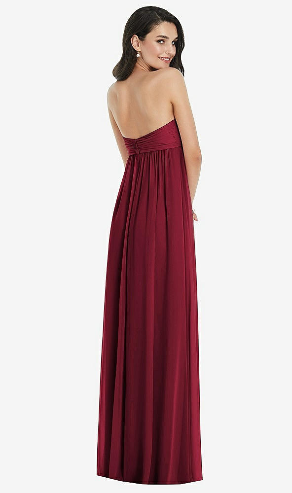 Back View - Burgundy Twist Shirred Strapless Empire Waist Gown with Optional Straps