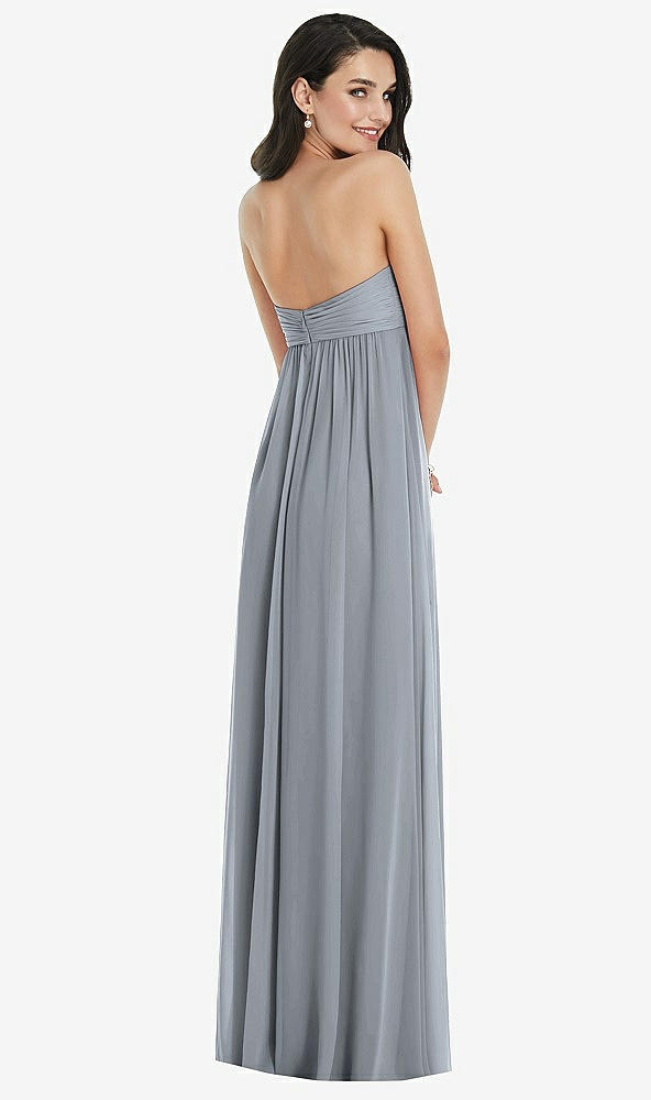 Back View - Platinum Twist Shirred Strapless Empire Waist Gown with Optional Straps