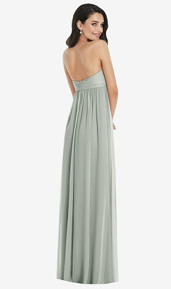 Back View - Willow Green Twist Shirred Strapless Empire Waist Gown with Optional Straps