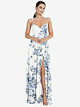 Front View Thumbnail - Cottage Rose Dusk Blue Adjustable Strap Wrap Bodice Maxi Dress with Front Slit 