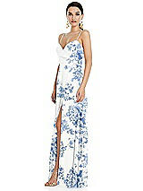 Side View Thumbnail - Cottage Rose Dusk Blue Adjustable Strap Wrap Bodice Maxi Dress with Front Slit 