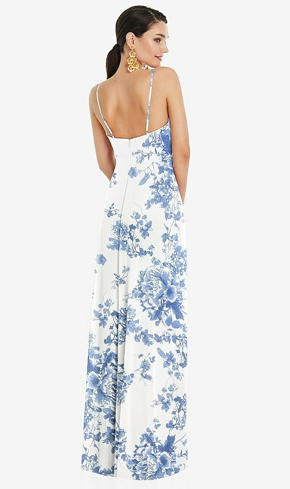 Back View - Cottage Rose Dusk Blue Adjustable Strap Wrap Bodice Maxi Dress with Front Slit 