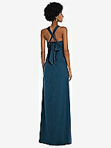 Alt View 2 Thumbnail - Atlantic Blue Draped Satin Grecian Column Gown with Convertible Straps