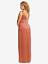 Rear View Thumbnail - Terracotta Copper Faux Wrap Whisper Satin Maxi Dress with Draped Tulip Skirt