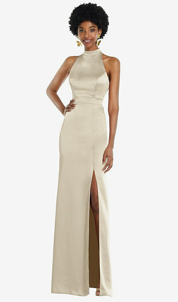 Back View - Champagne High Neck Backless Maxi Dress with Slim Belt