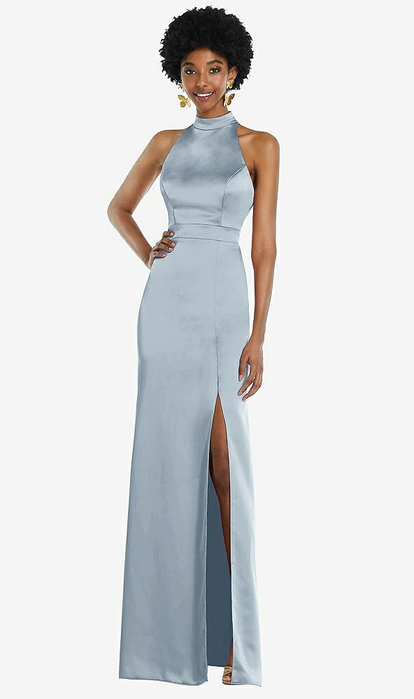 Back View - Mist High Neck Backless Maxi Dress with Slim Belt