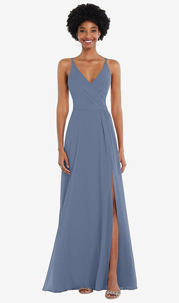 Front View - Larkspur Blue Faux Wrap Criss Cross Back Maxi Dress with Adjustable Straps