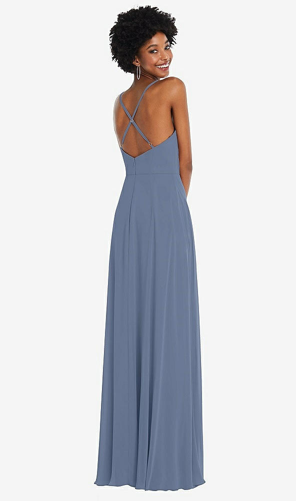 Back View - Larkspur Blue Faux Wrap Criss Cross Back Maxi Dress with Adjustable Straps