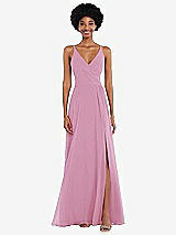 Front View Thumbnail - Powder Pink Faux Wrap Criss Cross Back Maxi Dress with Adjustable Straps