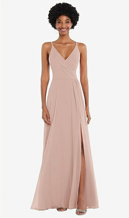 Faux Wrap Criss Cross Back Maxi Bridesmaid Dress With Adjustable Straps In  Toasted Sugar | The Dessy Group