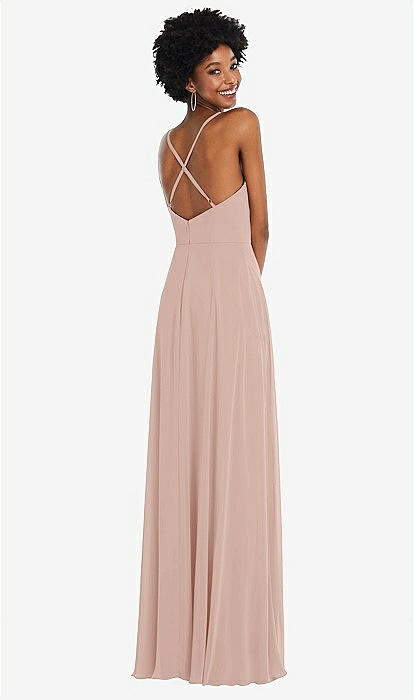 Faux Wrap Criss Cross Back Maxi Bridesmaid Dress With Adjustable Straps In  Toasted Sugar | The Dessy Group