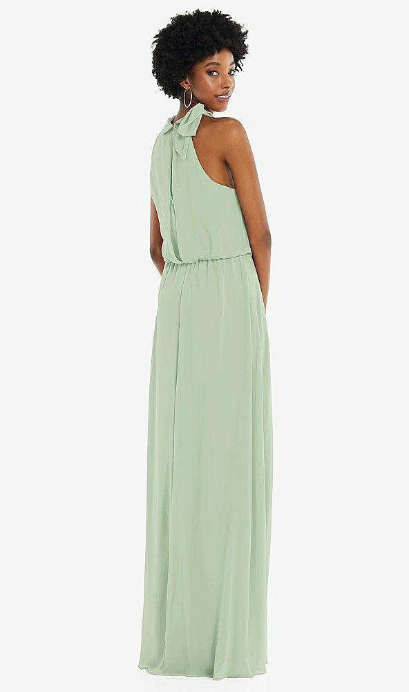 Back View - Celadon Scarf Tie High Neck Blouson Bodice Maxi Dress with Front Slit