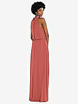 Rear View Thumbnail - Coral Pink Scarf Tie High Neck Blouson Bodice Maxi Dress with Front Slit