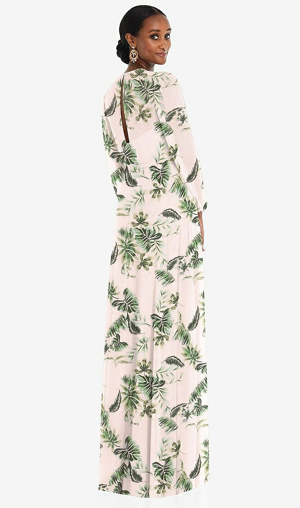 Back View - Palm Beach Print Strapless Chiffon Maxi Dress with Puff Sleeve Blouson Overlay 