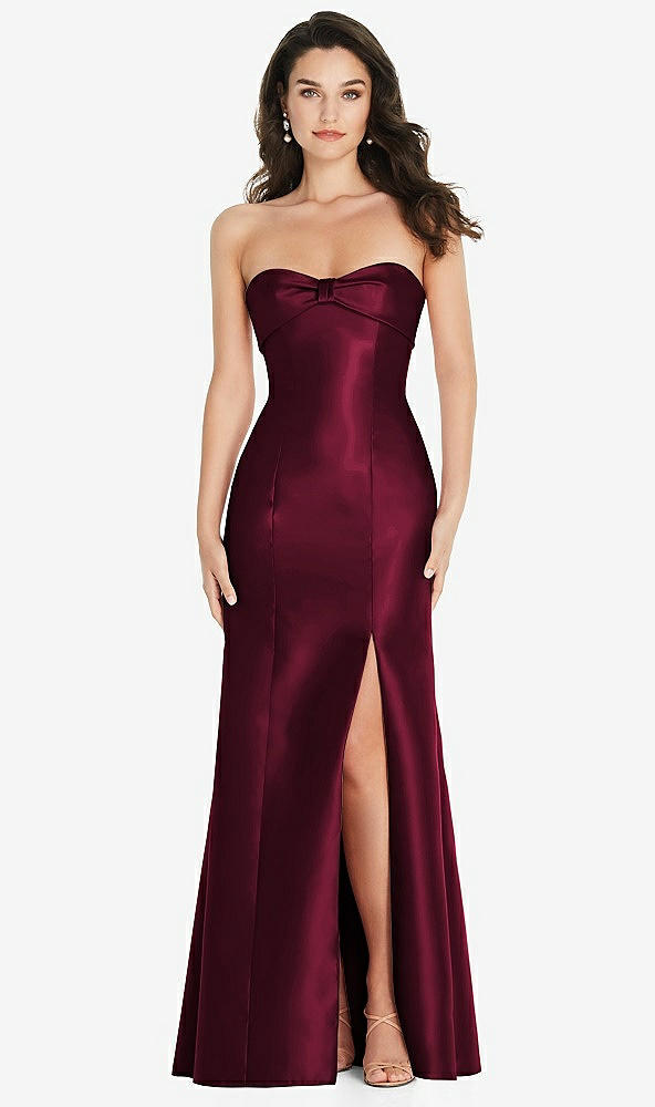 Front View - Cabernet Bow Cuff Strapless Princess Waist Trumpet Gown