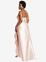 Rear View Thumbnail - Blush Strapless Satin Gown with Draped Front Slit and Pockets