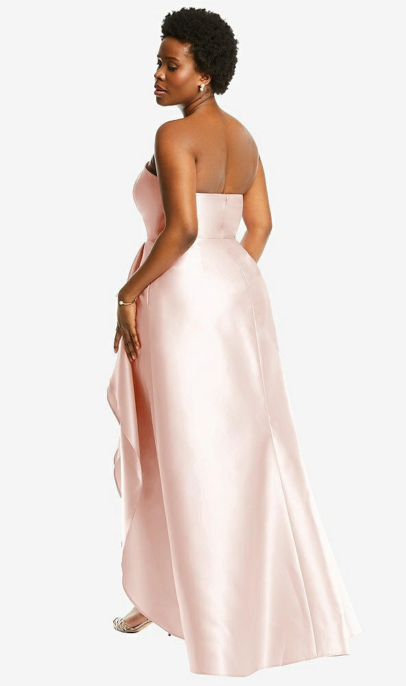 Back View - Blush Strapless Satin Gown with Draped Front Slit and Pockets