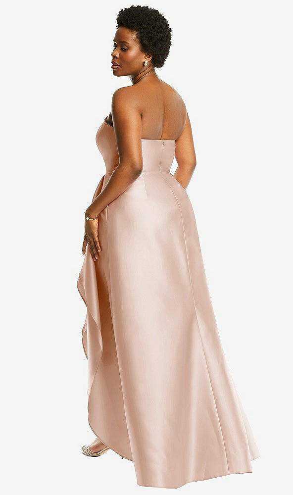 Back View - Cameo Strapless Satin Gown with Draped Front Slit and Pockets