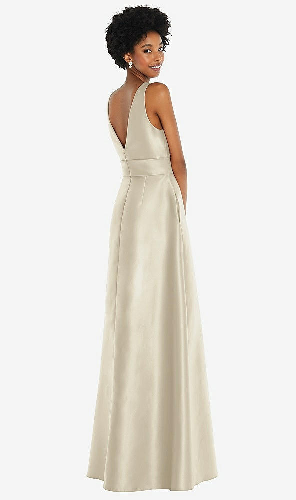 Back View - Champagne Jewel-Neck V-Back Maxi Dress with Mini Sash