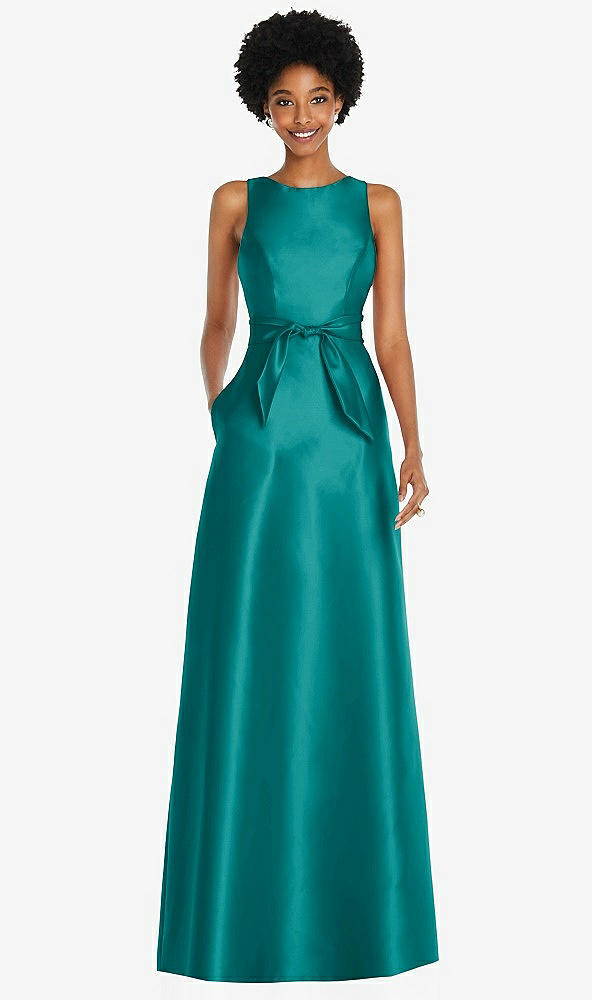 Front View - Jade Jewel-Neck V-Back Maxi Dress with Mini Sash