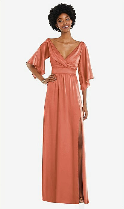 Asymmetric Bell Sleeve Wrap Maxi Bridesmaid Dress With Front Slit In  Terracotta Copper | The Dessy Group