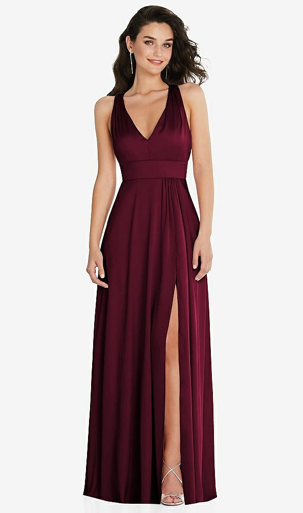 Front View - Cabernet Shirred Shoulder Criss Cross Back Maxi Dress with Front Slit