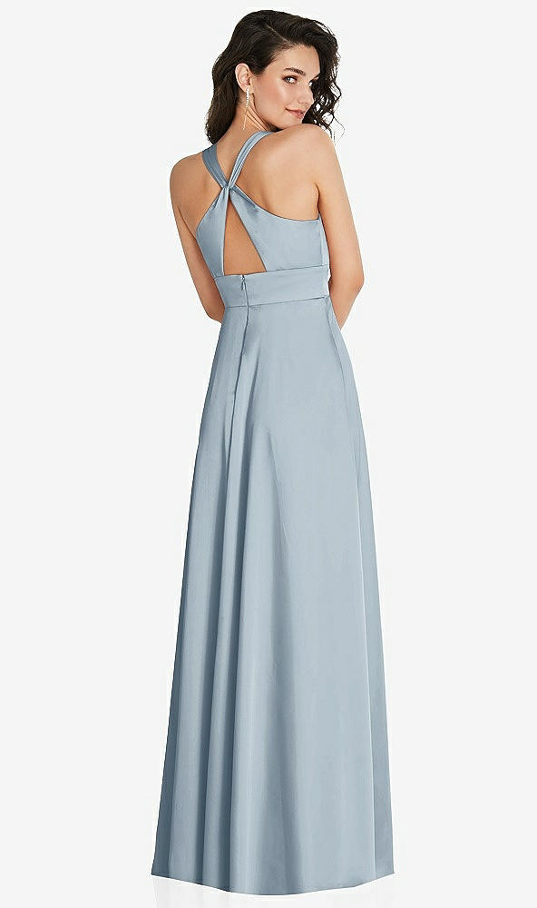 Back View - Mist Shirred Shoulder Criss Cross Back Maxi Dress with Front Slit