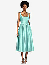 Front View Thumbnail - Coastal Square Neck Full Skirt Satin Midi Dress with Pockets