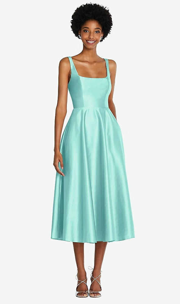 Front View - Coastal Square Neck Full Skirt Satin Midi Dress with Pockets