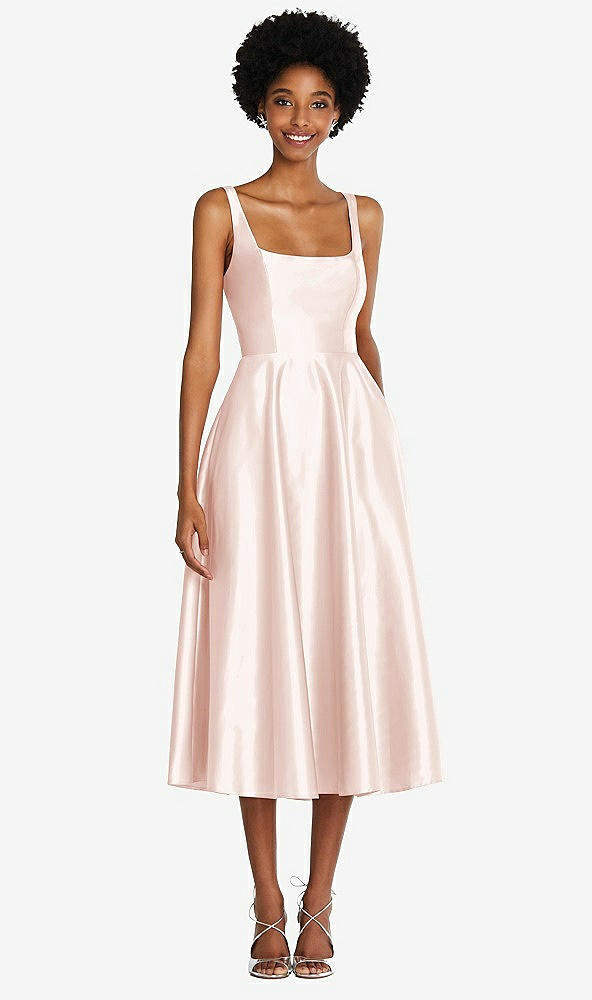 Front View - Blush Square Neck Full Skirt Satin Midi Dress with Pockets