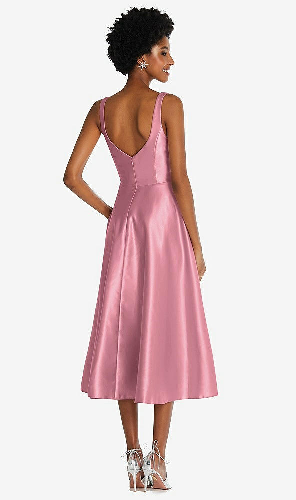 Back View - Carnation Square Neck Full Skirt Satin Midi Dress with Pockets