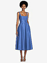 Front View Thumbnail - Cornflower Square Neck Full Skirt Satin Midi Dress with Pockets