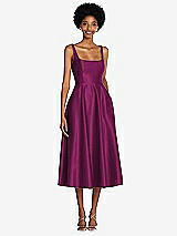 Front View Thumbnail - Merlot Square Neck Full Skirt Satin Midi Dress with Pockets