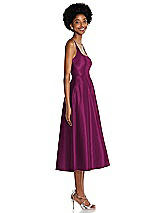 Side View Thumbnail - Merlot Square Neck Full Skirt Satin Midi Dress with Pockets