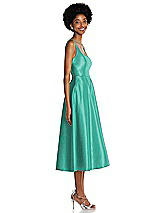 Side View Thumbnail - Pantone Turquoise Square Neck Full Skirt Satin Midi Dress with Pockets