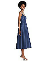 Side View Thumbnail - Sailor Square Neck Full Skirt Satin Midi Dress with Pockets