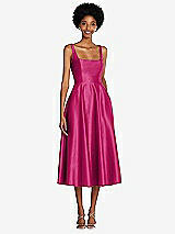 Front View Thumbnail - Tutti Frutti Square Neck Full Skirt Satin Midi Dress with Pockets