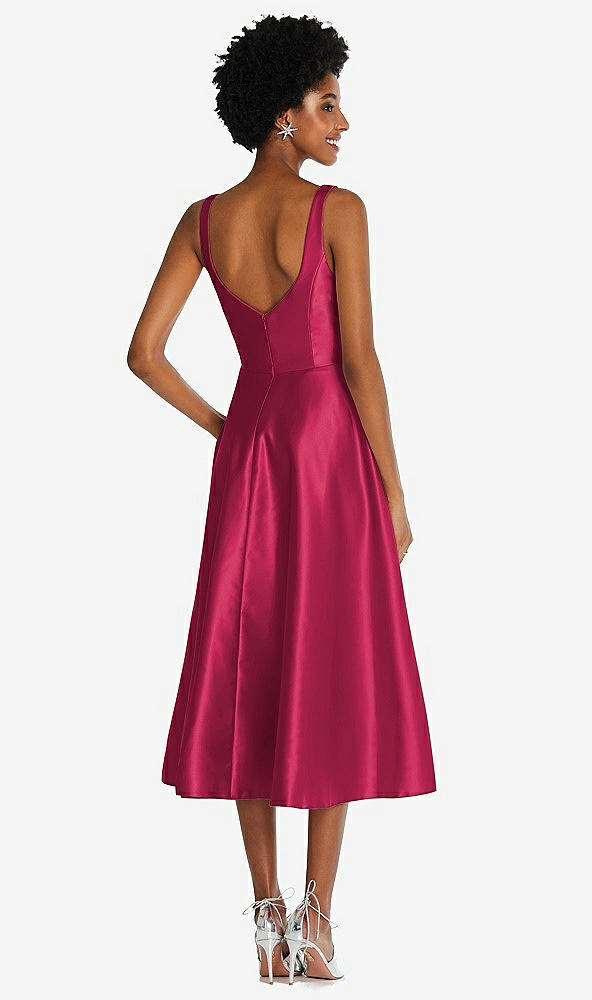 Back View - Valentine Square Neck Full Skirt Satin Midi Dress with Pockets