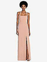 Front View Thumbnail - Pale Peach Tie Halter Open Back Trumpet Gown 