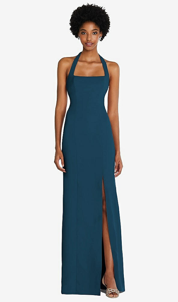 Front View - Atlantic Blue Tie Halter Open Back Trumpet Gown 