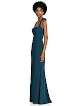 Side View Thumbnail - Atlantic Blue Tie Halter Open Back Trumpet Gown 