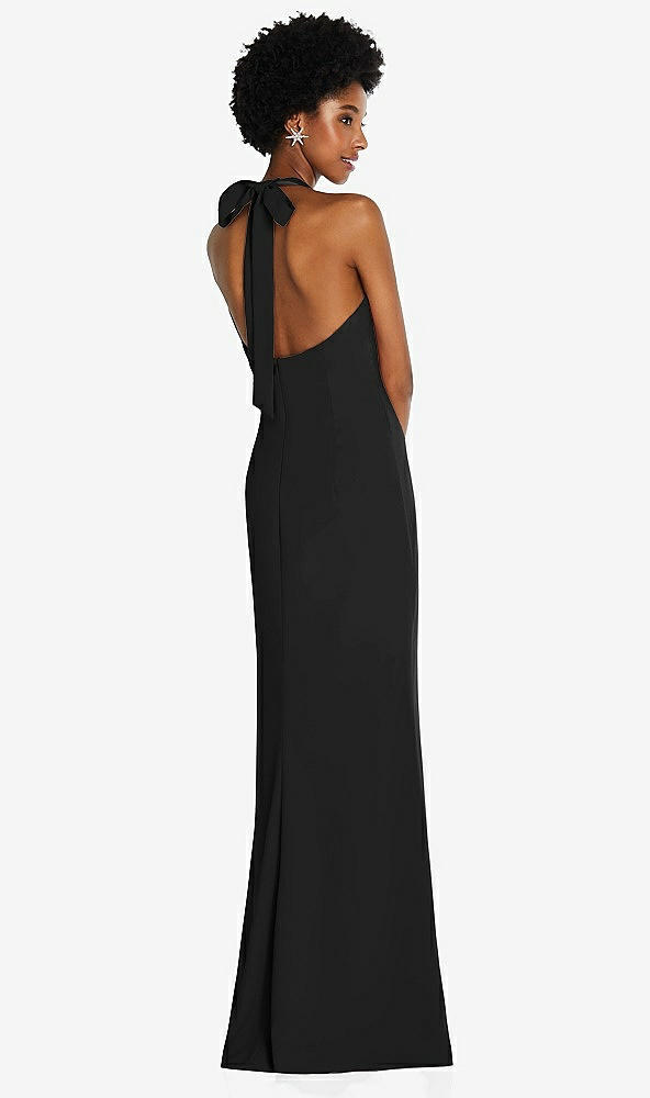 Back View - Black Tie Halter Open Back Trumpet Gown 