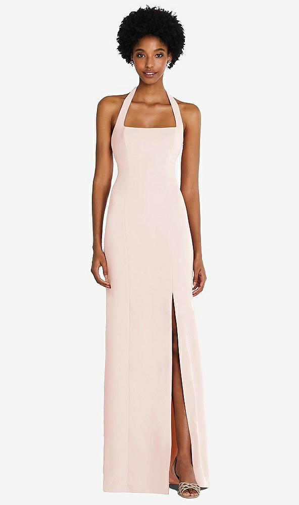 Front View - Blush Tie Halter Open Back Trumpet Gown 