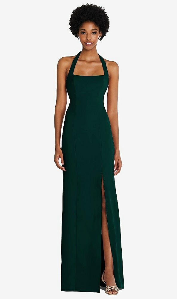 Front View - Evergreen Tie Halter Open Back Trumpet Gown 