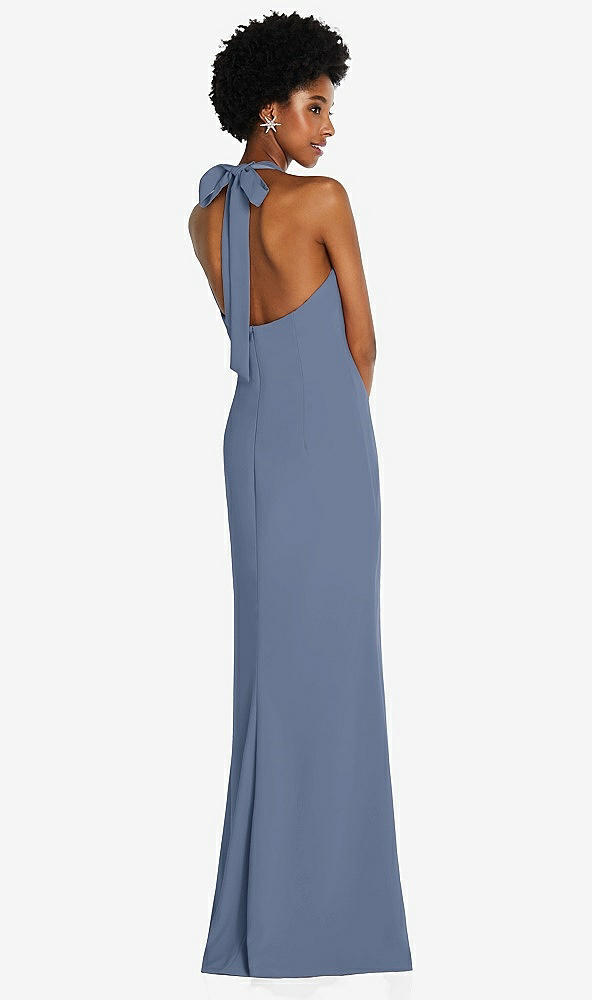 Back View - Larkspur Blue Tie Halter Open Back Trumpet Gown 