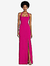 Front View Thumbnail - Think Pink Tie Halter Open Back Trumpet Gown 