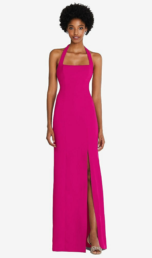 Front View - Think Pink Tie Halter Open Back Trumpet Gown 