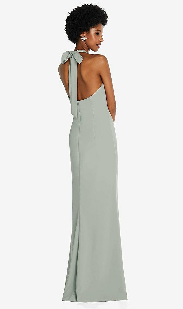 Back View - Willow Green Tie Halter Open Back Trumpet Gown 